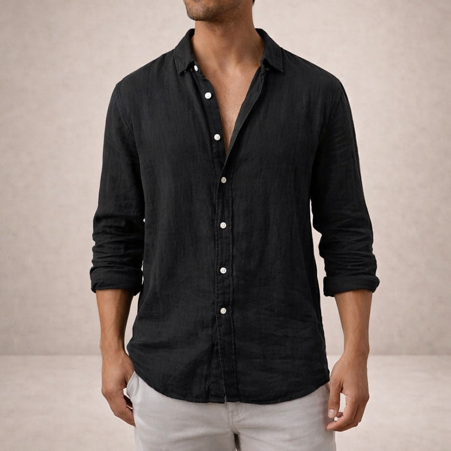 Camicia da uomo in lino regular fit colletto aperto manica lunga