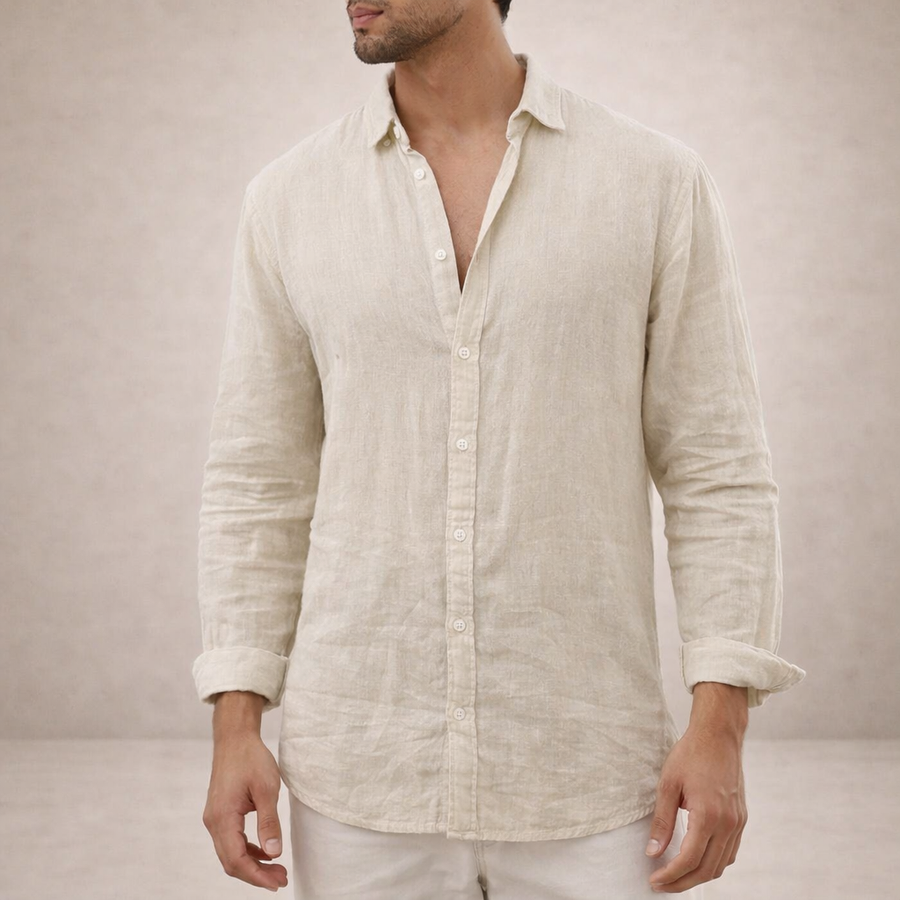 Camicia da uomo in lino regular fit colletto aperto manica lunga