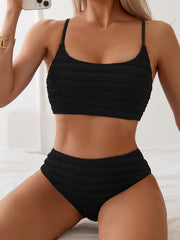 Heidi-Mode | Hoch Taille Bikini Satz mit Textur und Spaghettiträgern Trendy & Bequeme Strandlook