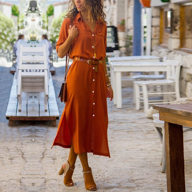 Lucie – Elegantes Button-Down-Hemdkleid für Damen | Langärmliges Hemdblusenkleid im Bohemian-Stil mit Gürtel