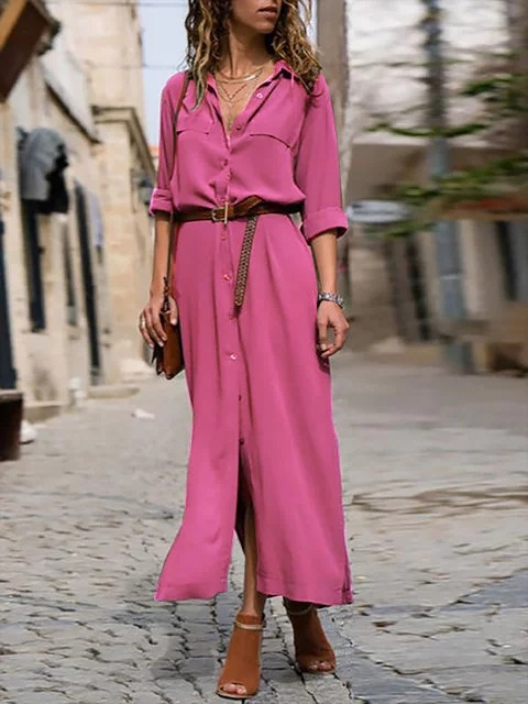 Lucie – Elegantes Button-Down-Hemdkleid für Damen | Langärmliges Hemdblusenkleid im Bohemian-Stil mit Gürtel