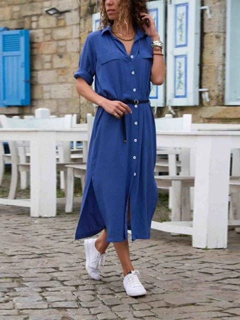 Lucie – Elegantes Button-Down-Hemdkleid für Damen | Langärmliges Hemdblusenkleid im Bohemian-Stil mit Gürtel