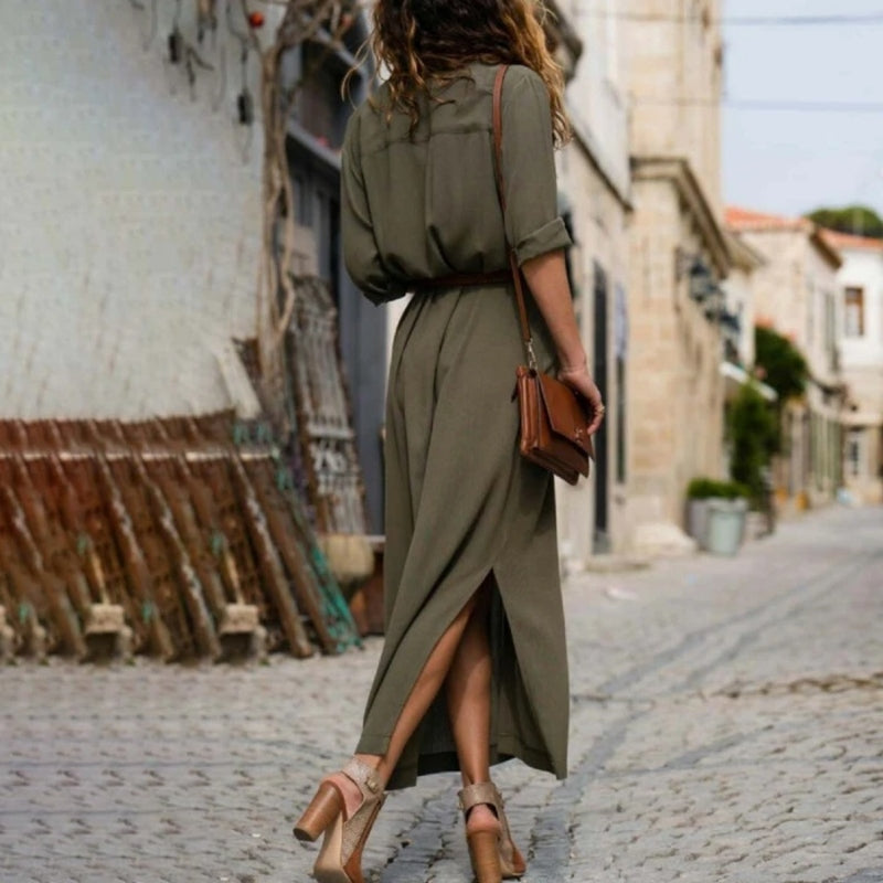 Lucie – Elegantes Button-Down-Hemdkleid für Damen | Langärmliges Hemdblusenkleid im Bohemian-Stil mit Gürtel