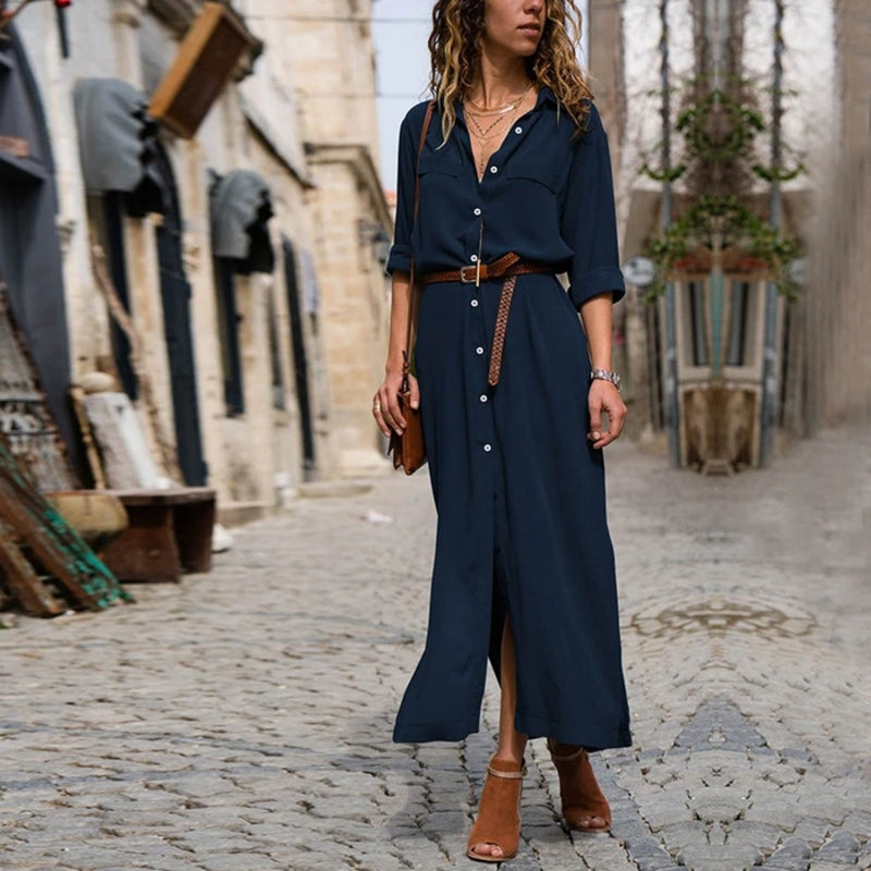 Lucie – Elegantes Button-Down-Hemdkleid für Damen | Langärmliges Hemdblusenkleid im Bohemian-Stil mit Gürtel