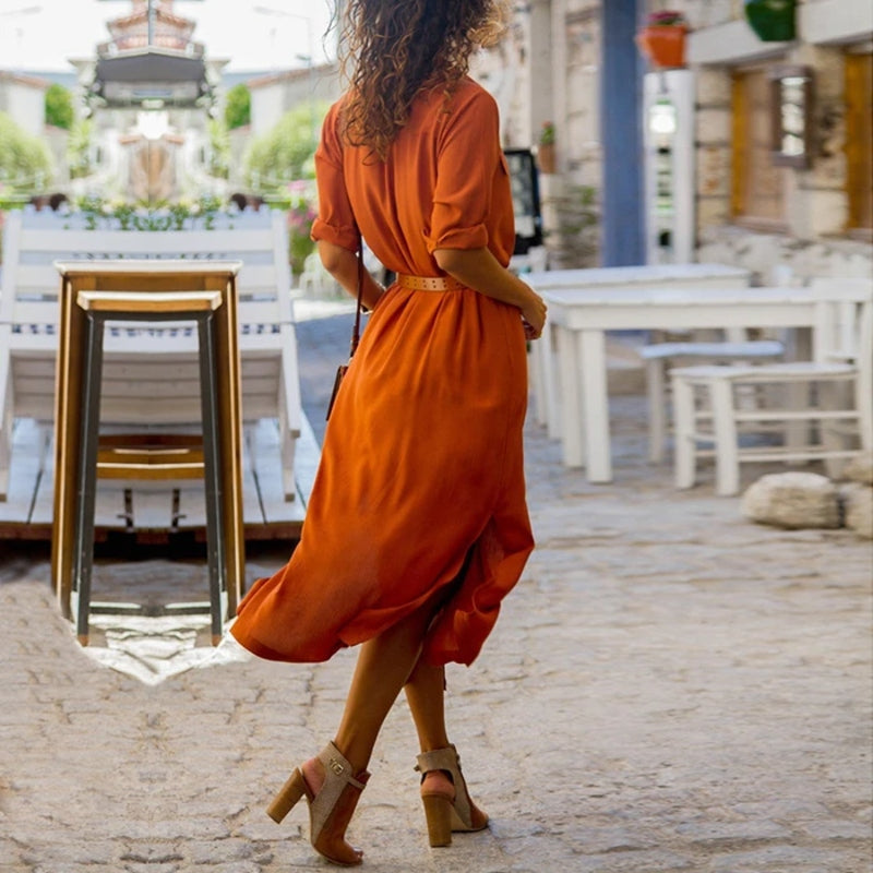Lucie – Elegantes Button-Down-Hemdkleid für Damen | Langärmliges Hemdblusenkleid im Bohemian-Stil mit Gürtel