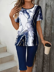 Zweiteiler Damen Sommer | Bedrucktes T-Shirt & Stretch-Capri-Leggings