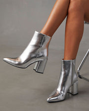 Anary - Schimmernde, silberne Stiefeletten mit Blockabsatz | Schicke Stiefeletten mit spitzer Spitze in Metallic-Optik