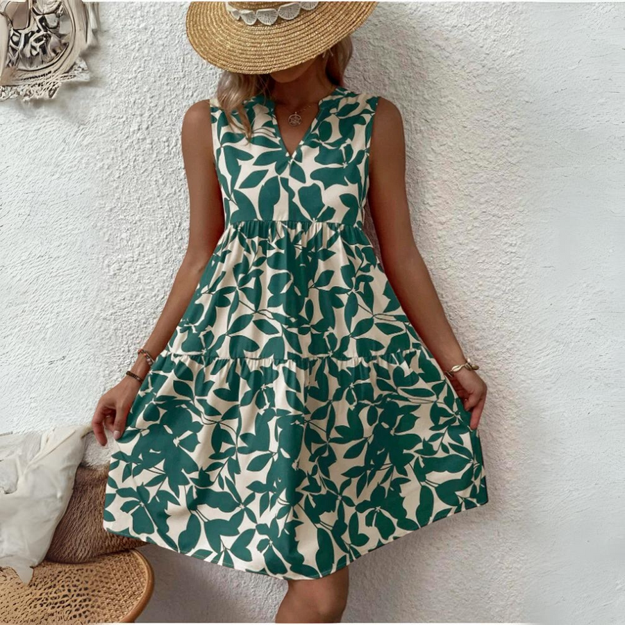 Damenkleid Baumwolle Blumenmuster Sommerkleid mit V-Ausschnitt und kurzen Ärmeln