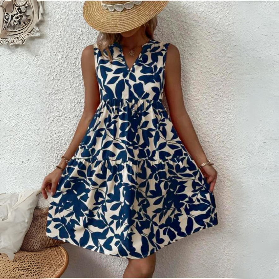 Damenkleid Baumwolle Blumenmuster Sommerkleid mit V-Ausschnitt und kurzen Ärmeln