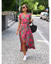 Maxikleid Damen | Blumendruck & Wickeloptik mit Bindegürtel