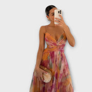 Maxikleid Damen | Festlich Tüll mit Aquarell-Print & Cut-Out