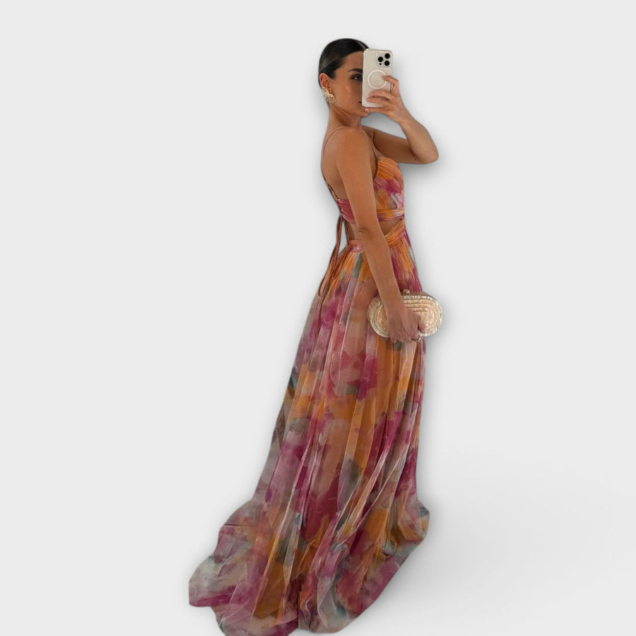 Maxikleid Damen | Festlich Tüll mit Aquarell-Print & Cut-Out