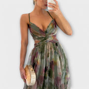 Maxikleid Damen | Festlich Tüll mit Aquarell-Print & Cut-Out
