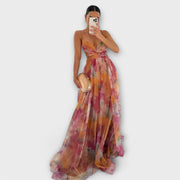 Maxikleid Damen | Festlich Tüll mit Aquarell-Print & Cut-Out