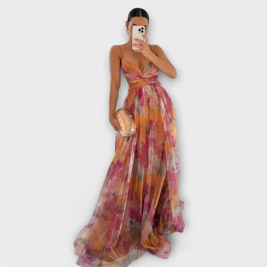 Maxikleid Damen | Festlich Tüll mit Aquarell-Print & Cut-Out