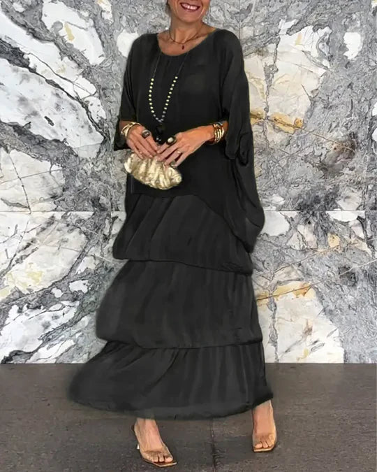 Maxikleid Damen | Fließendes Stufenkleid mit Fledermausärmeln