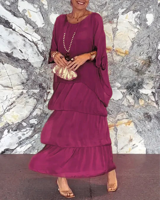 Maxikleid Damen | Fließendes Stufenkleid mit Fledermausärmeln