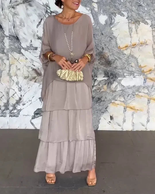 Maxikleid Damen | Fließendes Stufenkleid mit Fledermausärmeln