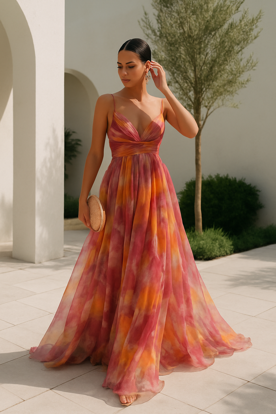 Mehrfarbiges V-Ausschnitt Kleid | Festliches Damenkleid