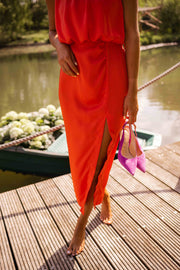 Midikleid Damen | Ärmelloses Sommerkleid mit Stehkragen & Beinschlitz