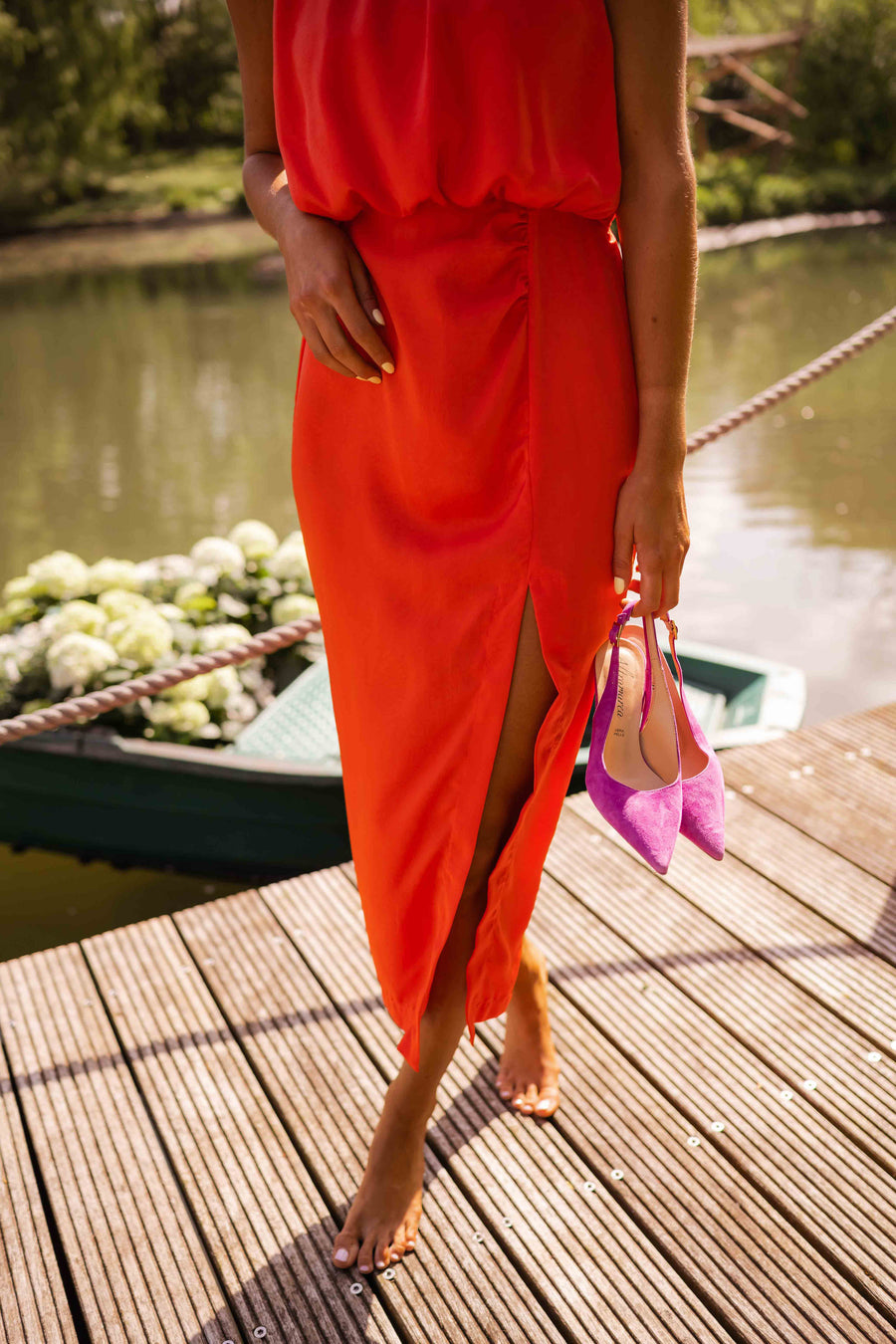 Midikleid Damen | Ärmelloses Sommerkleid mit Stehkragen & Beinschlitz