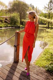 Midikleid Damen | Ärmelloses Sommerkleid mit Stehkragen & Beinschlitz