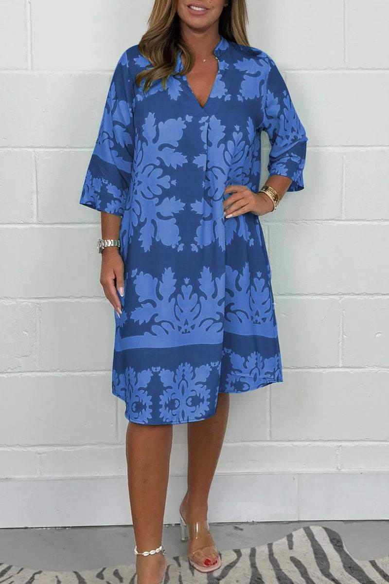 Midikleid Damen | Elegant Ornament-Print & V-Ausschnitt 3/4-Arm