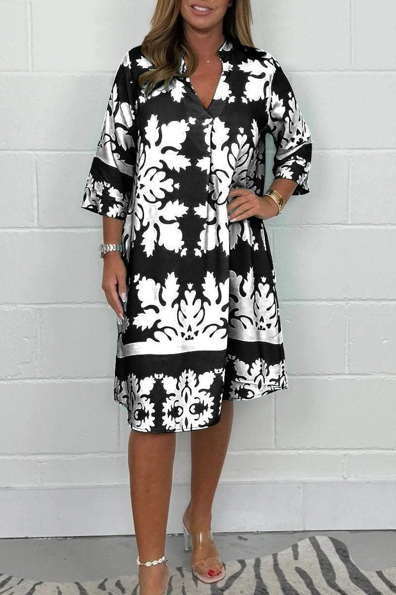 Midikleid Damen | Elegant Ornament-Print & V-Ausschnitt 3/4-Arm