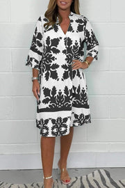 Midikleid Damen | Elegant Ornament-Print & V-Ausschnitt 3/4-Arm