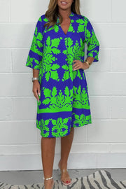 Midikleid Damen | Elegant Ornament-Print & V-Ausschnitt 3/4-Arm