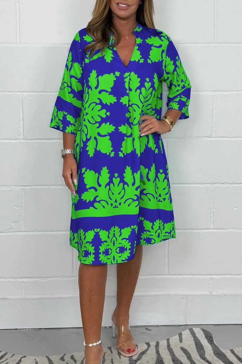 Midikleid Damen | Elegant Ornament-Print & V-Ausschnitt 3/4-Arm