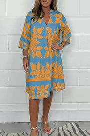 Midikleid Damen | Elegant Ornament-Print & V-Ausschnitt 3/4-Arm