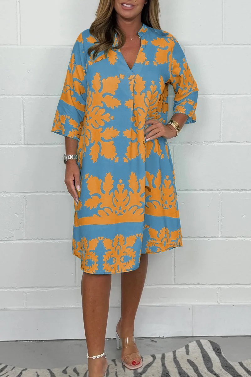 Midikleid Damen | Elegant Ornament-Print & V-Ausschnitt 3/4-Arm