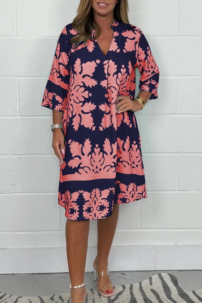 Midikleid Damen | Elegant Ornament-Print & V-Ausschnitt 3/4-Arm