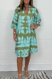 Midikleid Damen | Elegant Ornament-Print & V-Ausschnitt 3/4-Arm
