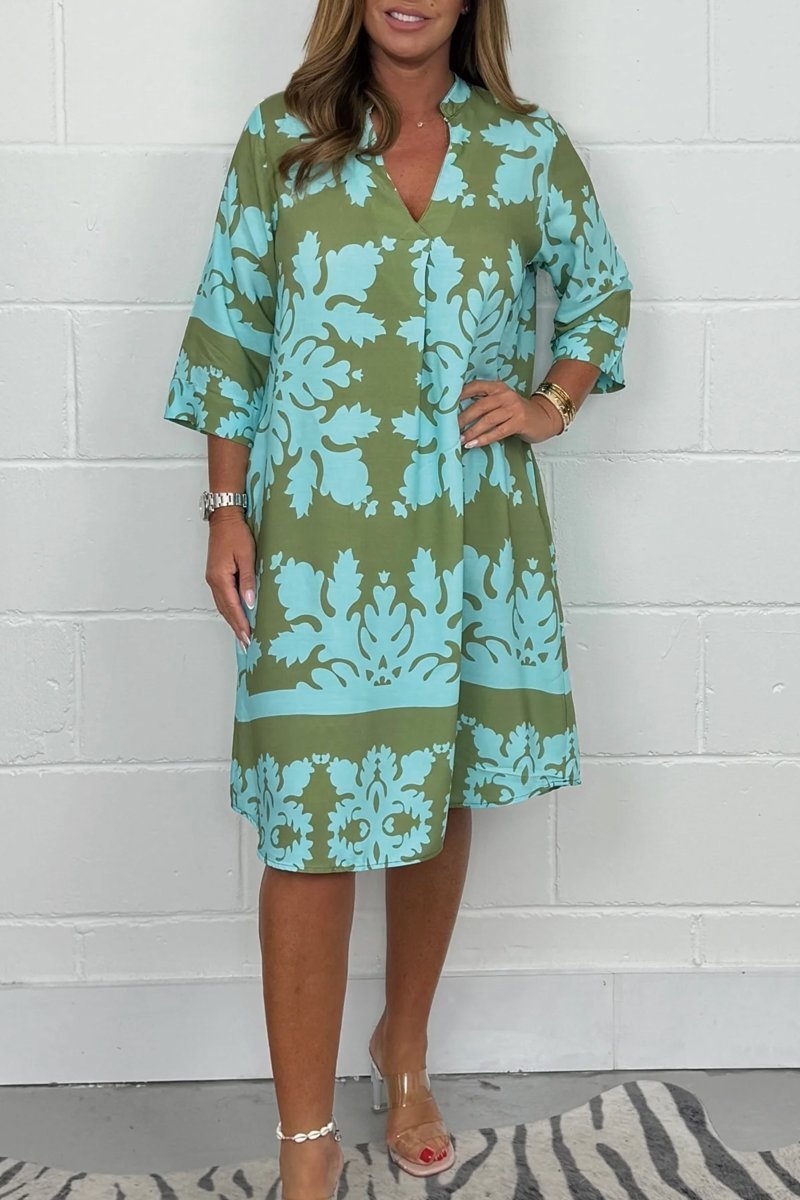 Midikleid Damen | Elegant Ornament-Print & V-Ausschnitt 3/4-Arm