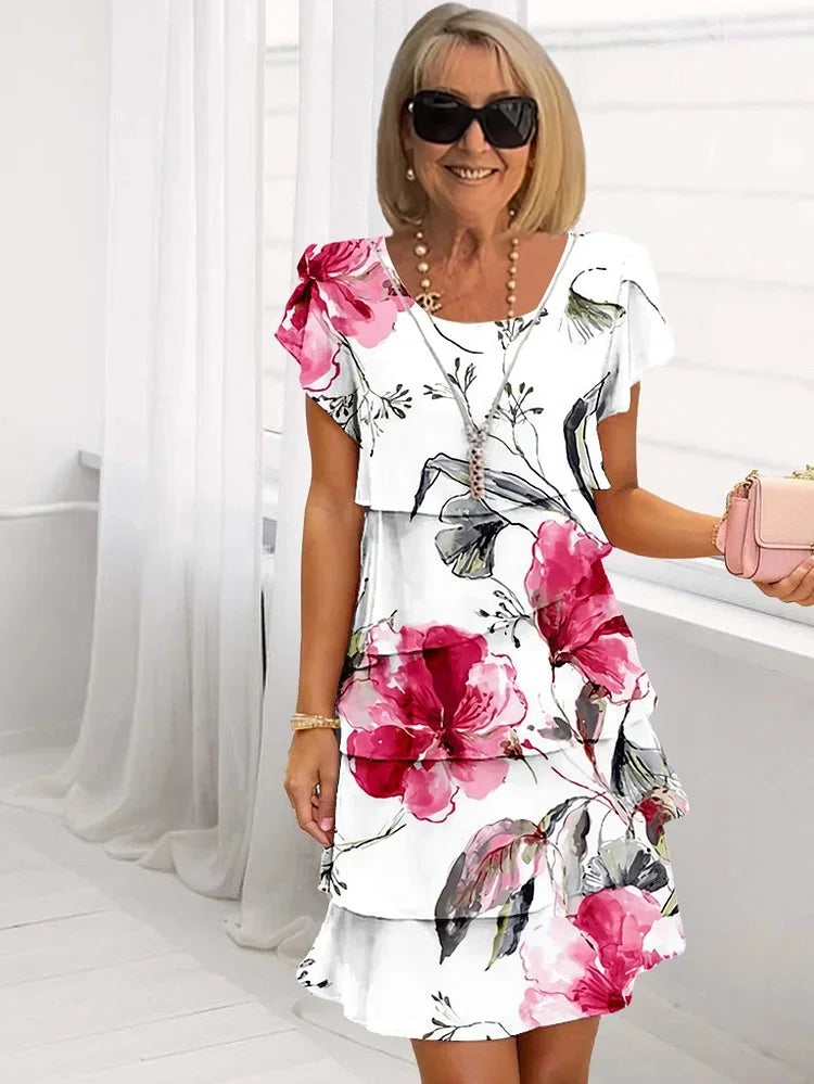 Midikleid Damen | Florales Stufenkleid mit Schmetterlingsärmeln