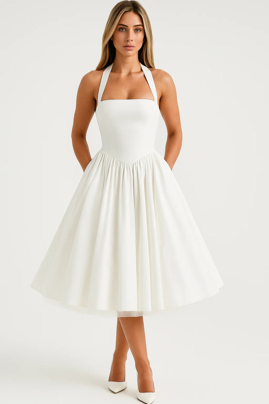 Abito midi da donna con collo halter linea a | Abito da cerimonia