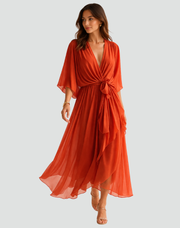 Abito midi da donna con scollo a incrocio e fiocco in vita per gala