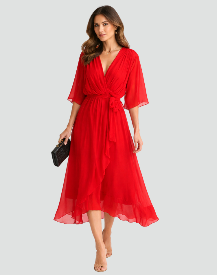 Abito midi da donna con scollo a incrocio e fiocco in vita per gala