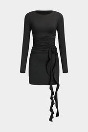 Valeria | Elegantes Schwarzes Langärmliges Minikleid – Figurbetonte Passform mit Drapierung & Rosendetail