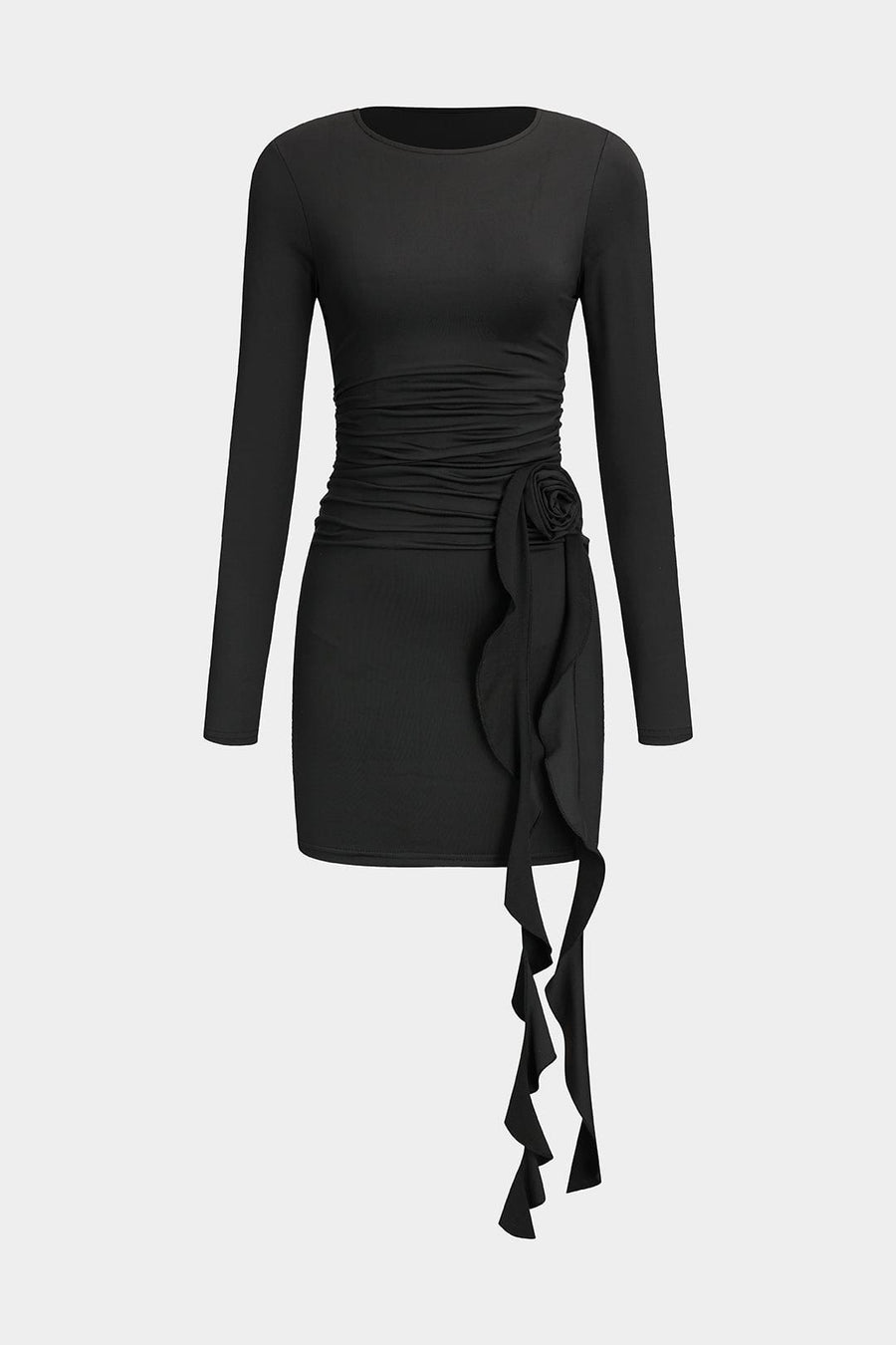 Valeria | Elegantes Schwarzes Langärmliges Minikleid – Figurbetonte Passform mit Drapierung & Rosendetail