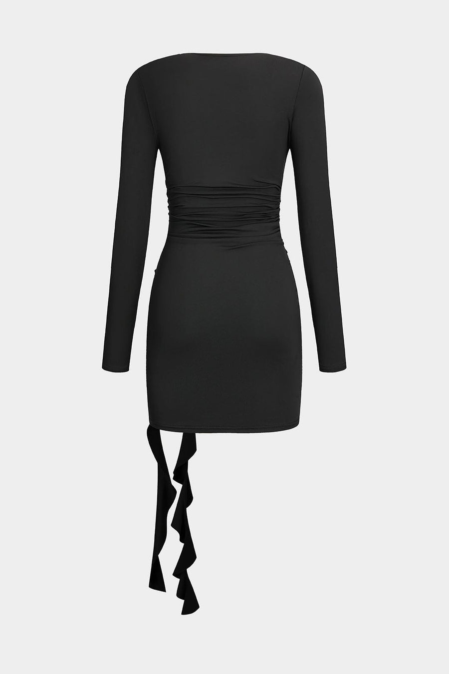 Valeria | Elegantes Schwarzes Langärmliges Minikleid – Figurbetonte Passform mit Drapierung & Rosendetail