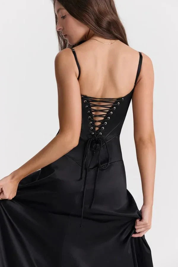 Satin-Maxikleid für Damen | Korsett-Rücken mit Schnürung