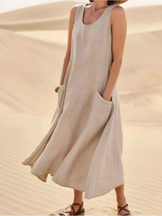 Elina | Damen Leinen Maxikleid mit Taschen