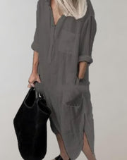Amaya - Lockeres langes Kleid mit langen Ärmeln und Seitentaschen Kleid