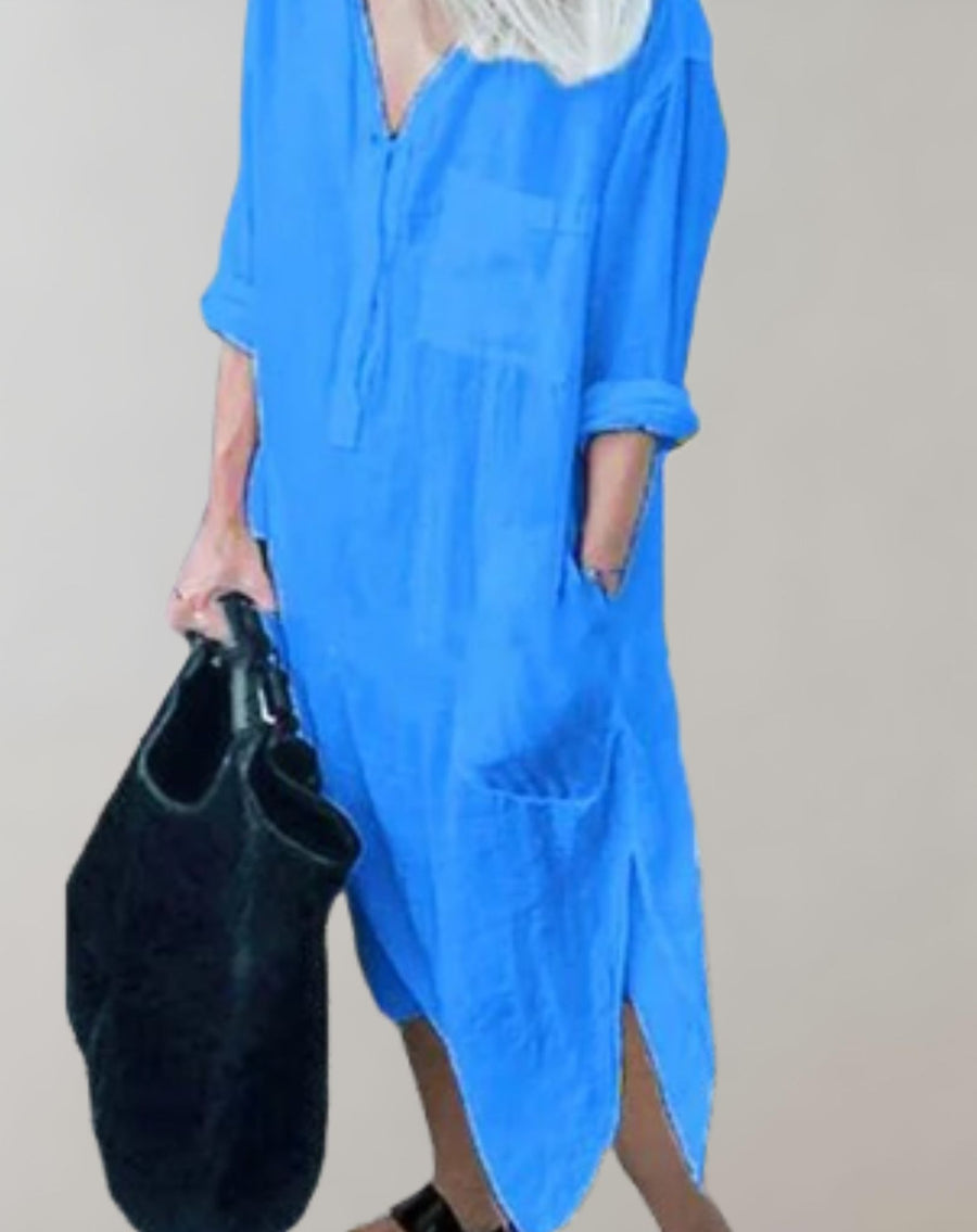 Amaya - Lockeres langes Kleid mit langen Ärmeln und Seitentaschen Kleid