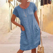 Nicolette- Leinen Tunikakleid Kurzarm Sommerkleid mit Taschen