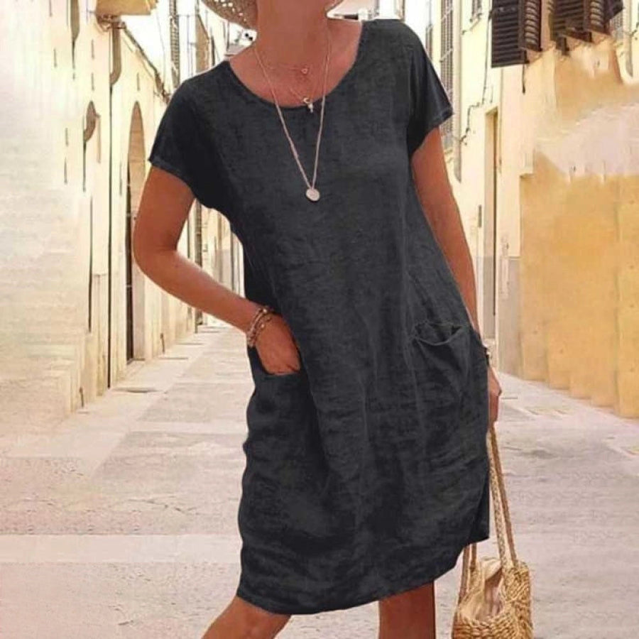 Nicolette- Leinen Tunikakleid Kurzarm Sommerkleid mit Taschen