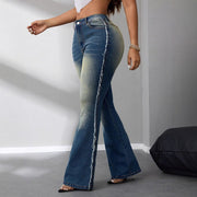 Damen Bootcut Jeans mit hohem Bund aus leichtem Denim und fransigen Details